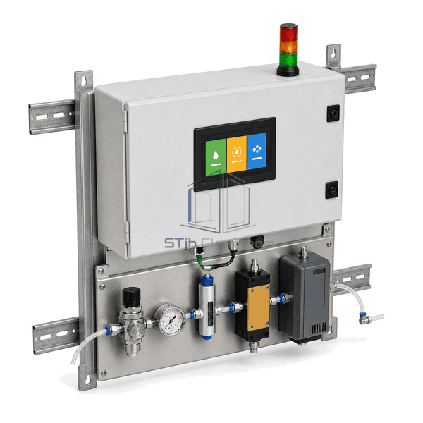 Complete compressed air quality monitoring system elevated left view showing the cabinet depth, wall rails and horizontal interface row