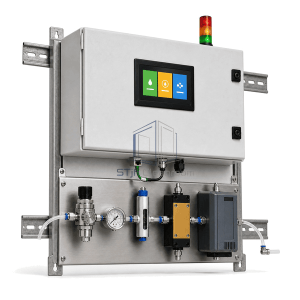 Complete compressed air quality monitoring system low oblique view emphasizing the single 6 mm inlet, exhaust, Ethernet and RS-485 interfaces