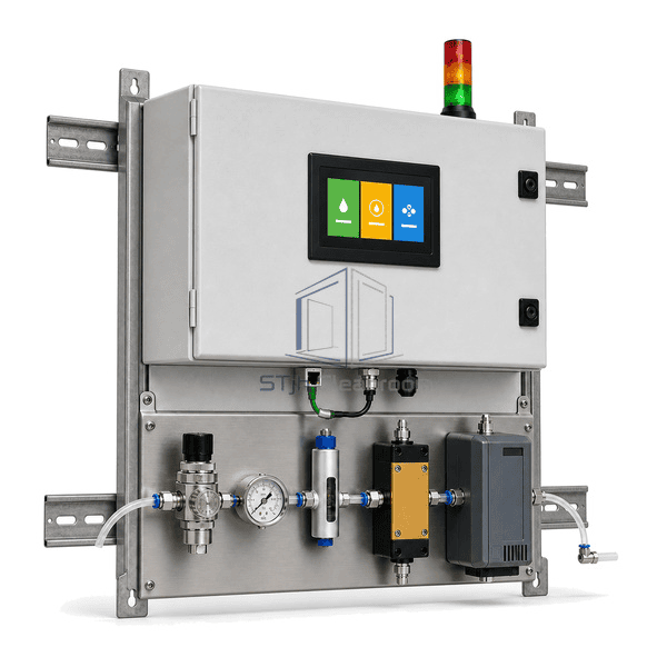 Complete compressed air quality monitoring system right-side view emphasizing the regulated PTFE sample path and three distinct sensing modules