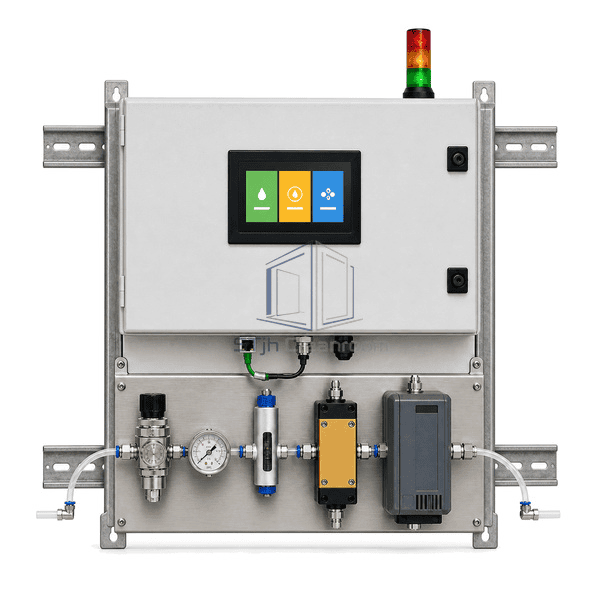 Compressed air quality monitoring system straight front view showing the touchscreen, pressure gauge and fixed dew-point, oil-vapor and particle modules