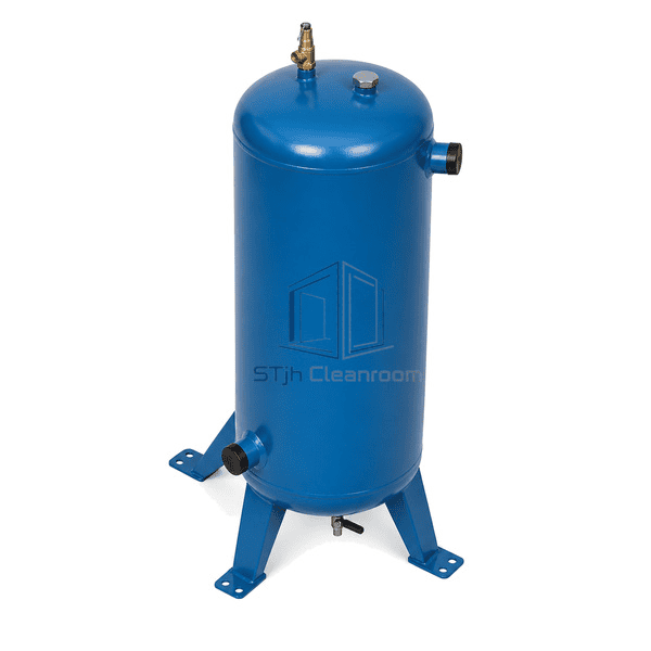 Compressed air receiver rear three-quarter view showing the side socket directions and three drilled anchor footplates