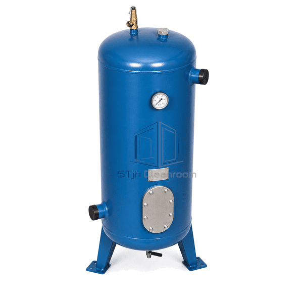 Full compressed air receiver interface view emphasizing the top relief valve, side pressure gauge and bottom condensate drain