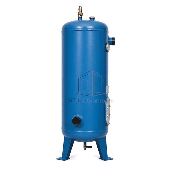 Compressed air receiver side view showing the upper outlet, lower inlet and welded carbon-steel vessel profile