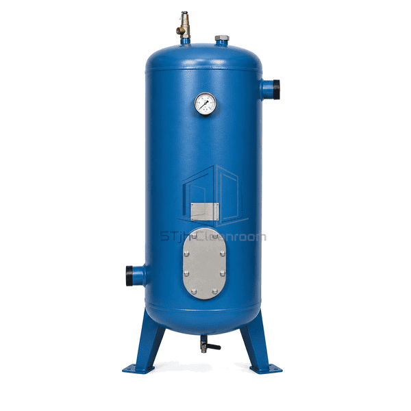 Vertical blue compressed air receiver front view showing the pressure gauge, inspection opening, blank nameplate and three-leg base