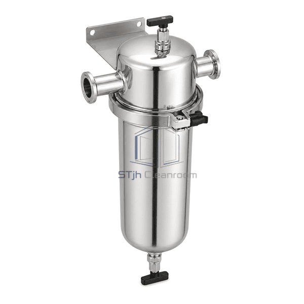 Complete compressed air sterile filter elevated far-side view emphasizing the DN40 inline flow axis and stainless wall bracket