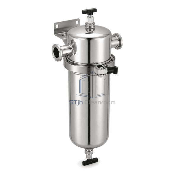Complete compressed air sterile filter low oblique view emphasizing the sanitary body clamp, top vent valve and low-point drain valve
