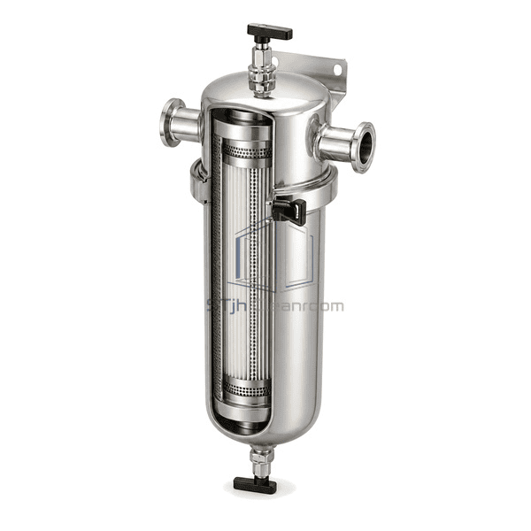 Compressed air sterile filter side cutaway showing one hydrophobic pleated borosilicate cartridge between stainless support liners