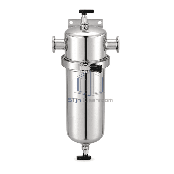 Compressed air sterile filter straight front view showing two opposed sanitary ports, one body clamp, one vent and one drain