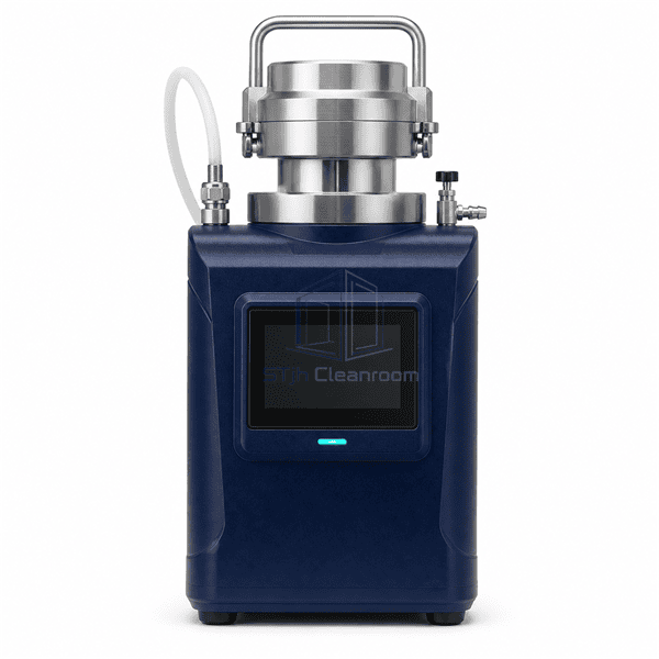 Front view of compressed gas microbial sampler showing touchscreen, chamber and pressure connections