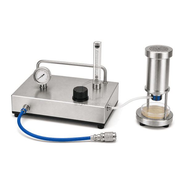 Compressed gas microbial sampling kit horizontal complete-kit view with the full base, blue inlet hose, quick coupler and culture-plate impactor