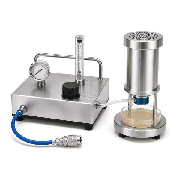 Compressed gas microbial sampling kit impactor-interface view showing the perforated stainless head, single culture plate retainer and sanitary connection