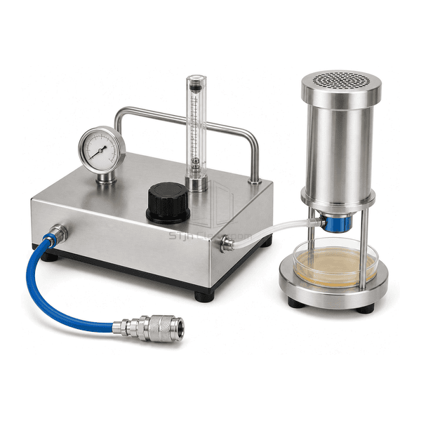 Compressed gas microbial sampling kit side view showing the stainless base depth, fold-flat handle, stable feet and short sample outlet tube