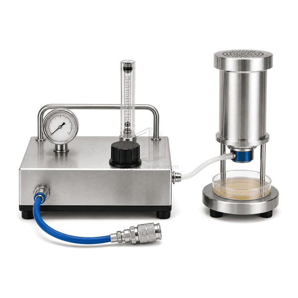 Compressed gas microbial sampling kit front-control view showing one pressure gauge, one rotameter, one regulator and the mounted impactor head