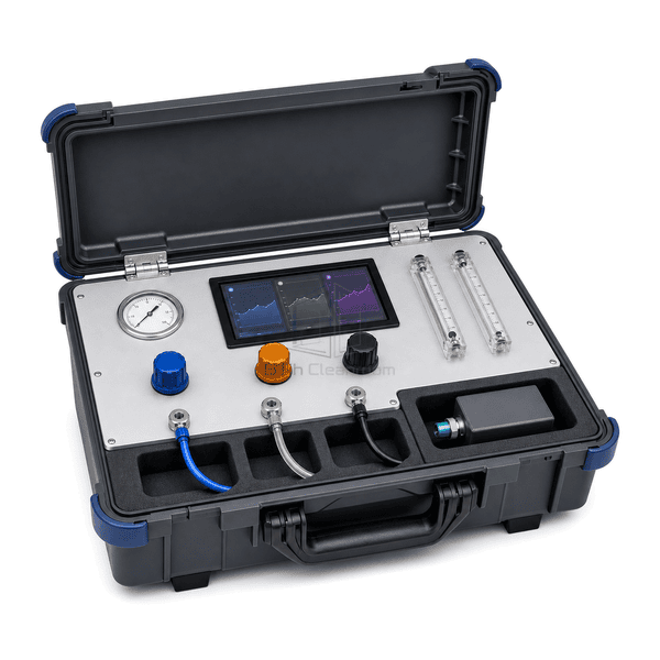 Compressed gas quality test system horizontal complete-kit view with the open case, removable sensor module and blue, clear and black hoses