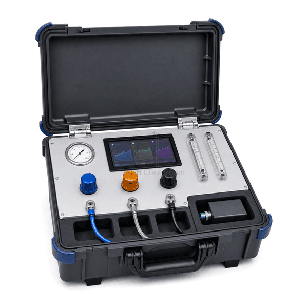 Compressed gas quality test system multi-port-interface view showing three color-coded gas ports, three regulators and dedicated hose connections