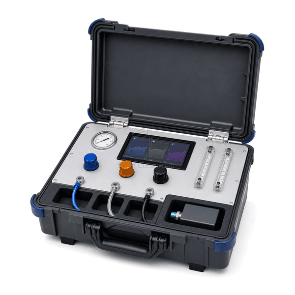 Compressed gas quality test system side-case view showing the deep-gray housing, blue corner protection, lid hinges, handle and fitted modules
