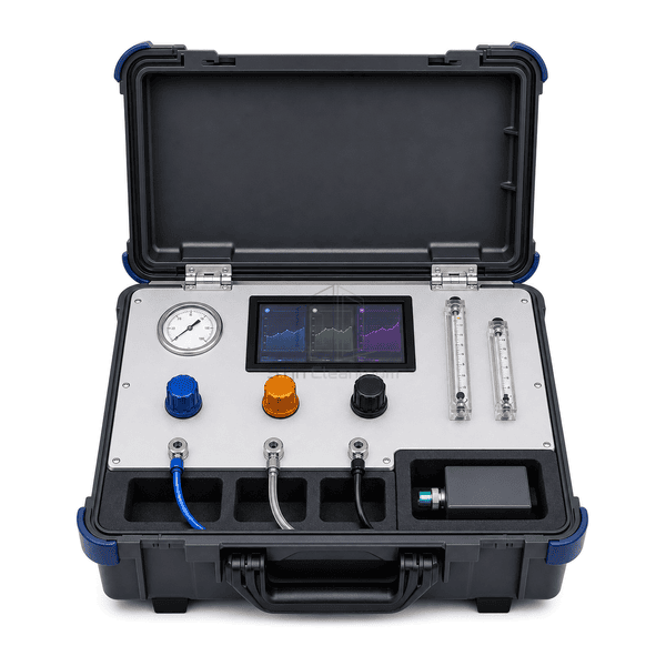 Compressed gas quality test system front-panel view showing the central display, single gauge, paired flowmeters and three sampling controls