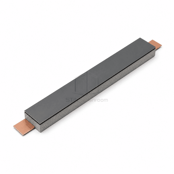 Long graphite conductive epoxy flooring strip with concrete substrate and copper grounding tabs at both ends
