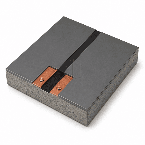 Conductive epoxy flooring joint detail with two graphite fields, a black conductive channel and twin copper grounding strips