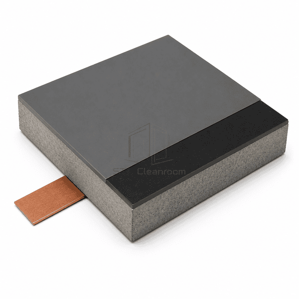 Conductive epoxy flooring cutaway showing the graphite finish, exposed black conductive strip, copper earth plate and concrete base