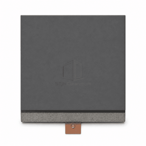 Front upright view of graphite conductive epoxy flooring on a concrete base with a copper earth plate
