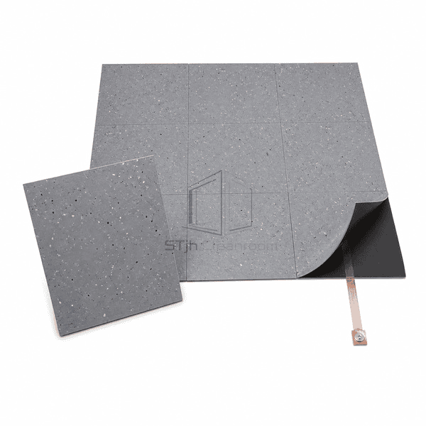 conductive-flooring-copper-grounding-strip.jpg` — `Conductive flooring sample layout emphasizing copper grounding strip beneath tiles