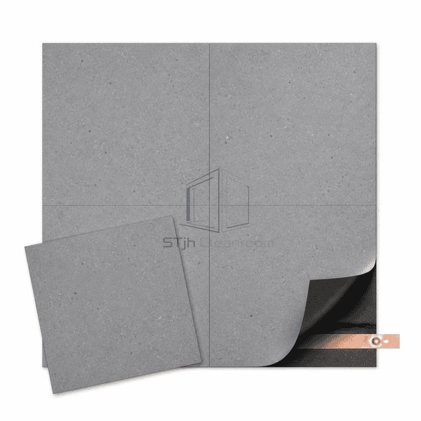 conductive-flooring-overhead-tile-layout.jpg` — `Overhead view of conductive flooring tiles, black backing and copper grounding network