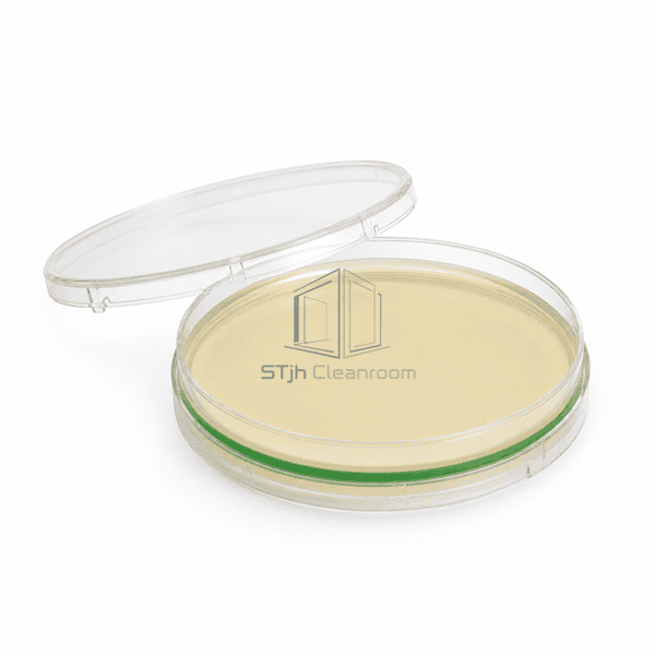 Open cleanroom contact plate with raised agar dish and clear lid behind