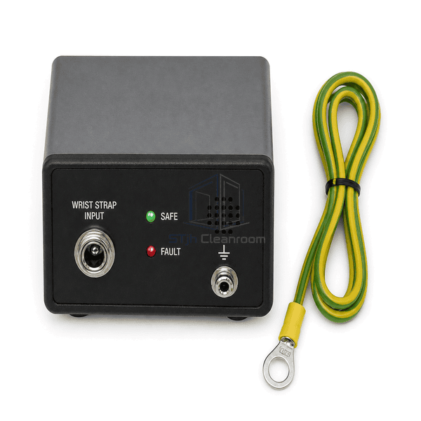Elevated complete-product layout of wrist strap monitor and green-yellow grounding lead