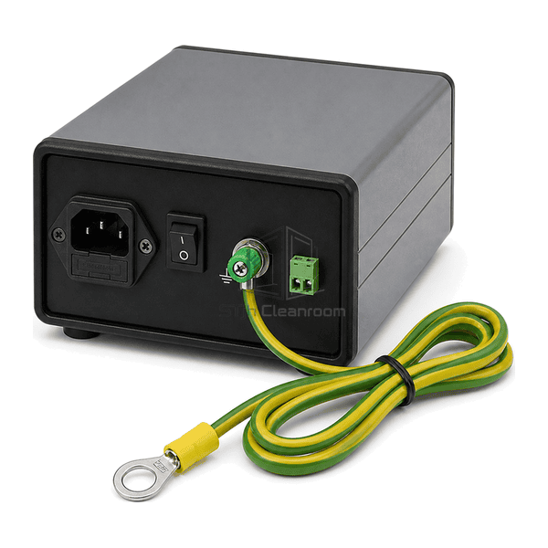 Interface view of wrist strap input safe and fault lamps speaker grille and earth terminal