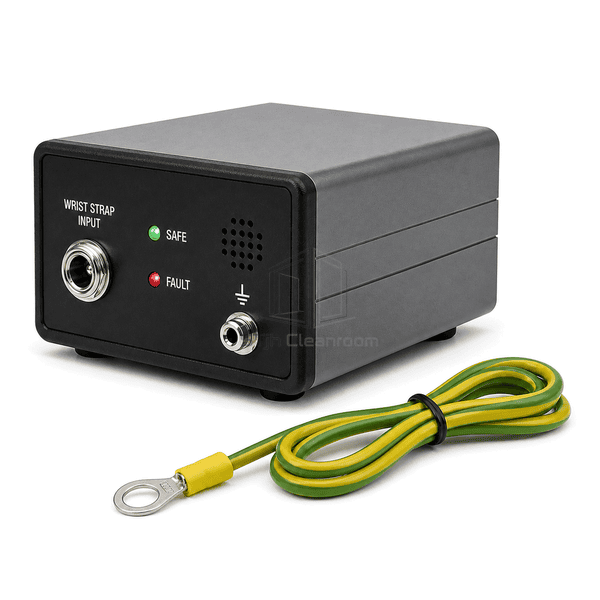 Side profile of continuous wrist strap monitor showing enclosure depth feet and ring-lug cable