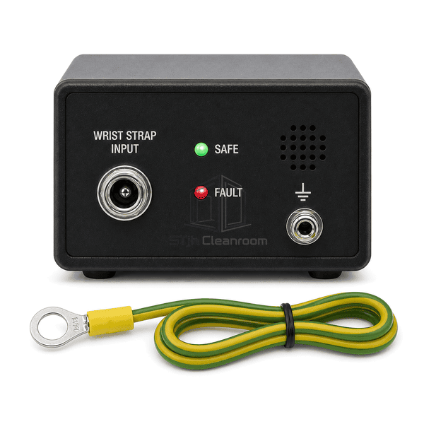 Front view of single-operator wrist strap monitor with status lights and complete earth lead