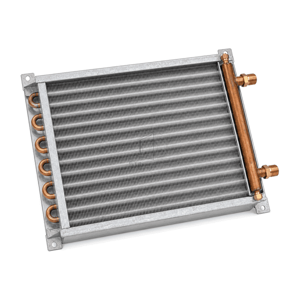 Elevated horizontal view of the complete AHU cooling coil and copper circuit returns