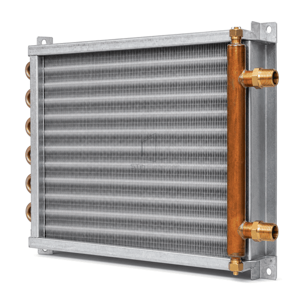 Right-side depth view showing the cooling coil frame tube rows header and threaded connections