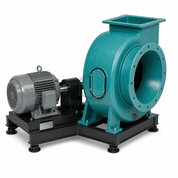 Corrosion-resistant exhaust fan complete elevated drive-side view showing the motor, guarded coupling, shaft and support base