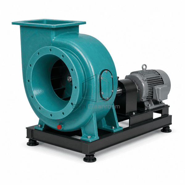 Corrosion-resistant exhaust fan complete low opposite-side view emphasizing the inlet flange, gasketed access door and low-point drain