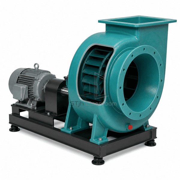 Corrosion-resistant exhaust fan complete side cutaway revealing the single backward-curved FRP wheel inside the scroll housing