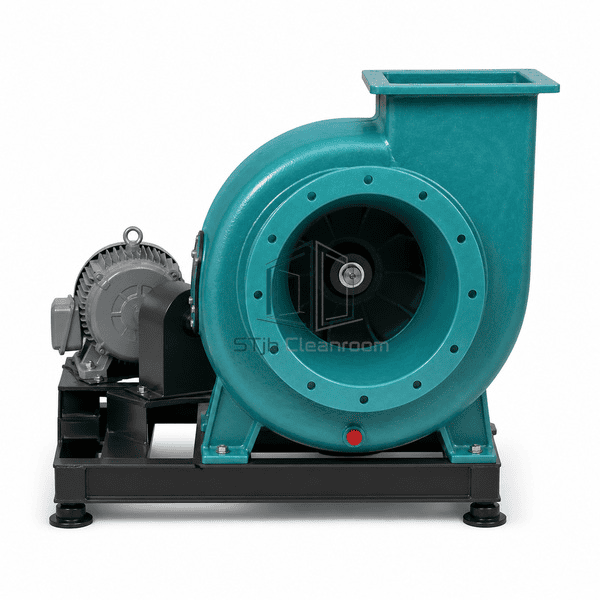 Corrosion-resistant exhaust fan complete upright inlet view showing the circular FRP inlet, scroll housing and rectangular discharge