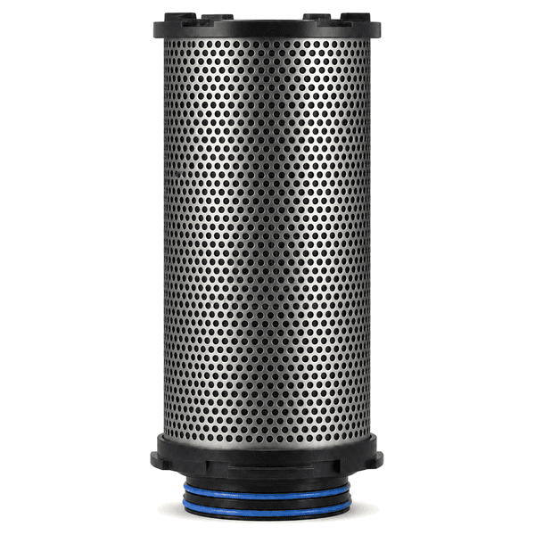 Upright full view of perforated molecular filter canister