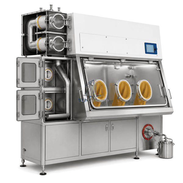 Side cutaway showing transfer chamber and staged exhaust filters