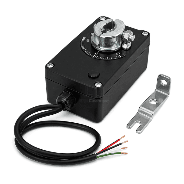 Oblique service view of the damper actuator clamp bolt manual override scale and bracket interface
