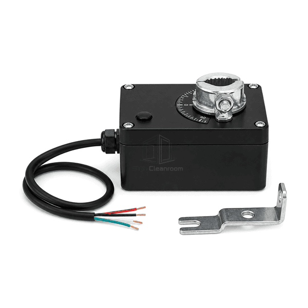Low side-depth view showing the damper actuator housing clamp cable gland and mounting bracket