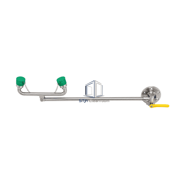 Complete horizontal view of the deck-mounted eyewash in parked and operating geometry