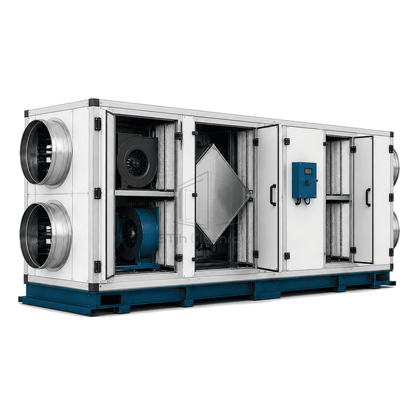 Cutaway DOAS showing heat recovery cooling coil reheat and fans