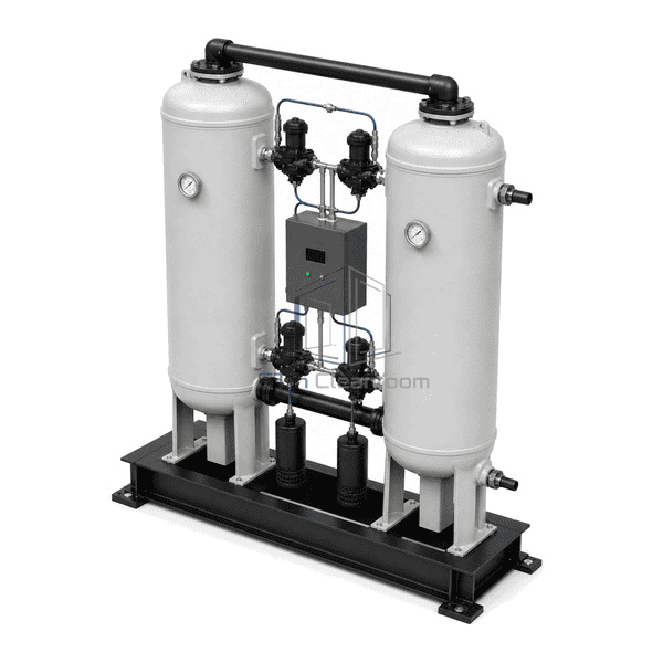 Heatless desiccant air dryer elevated rear view showing the upper dry-air header, lower inlet manifold and rear air connections