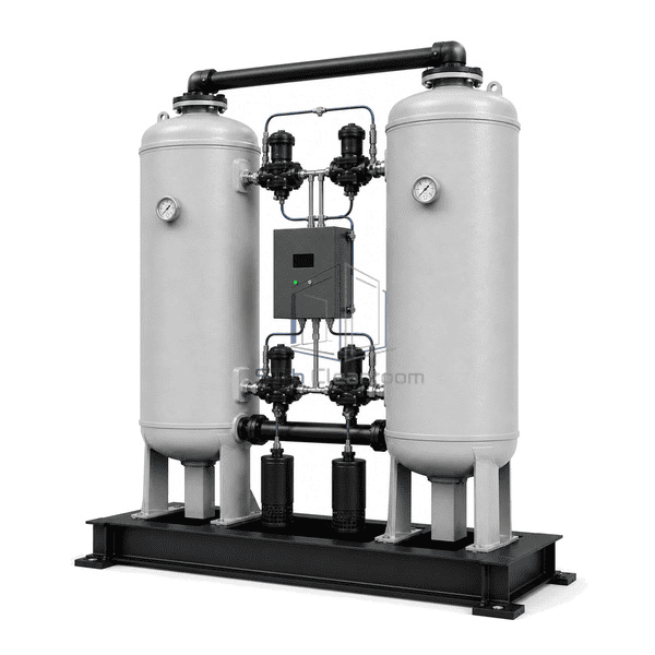 Complete heatless desiccant air dryer interface view emphasizing the lower switching valves and two black exhaust silencers