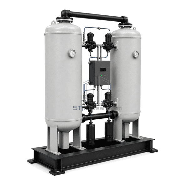 Heatless desiccant air dryer side view showing the full activated-alumina tower profiles, switching valves and four-point base