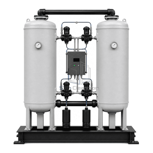 Heatless desiccant air dryer front view showing two equal adsorption towers, two pressure gauges, controller and twin purge silencers