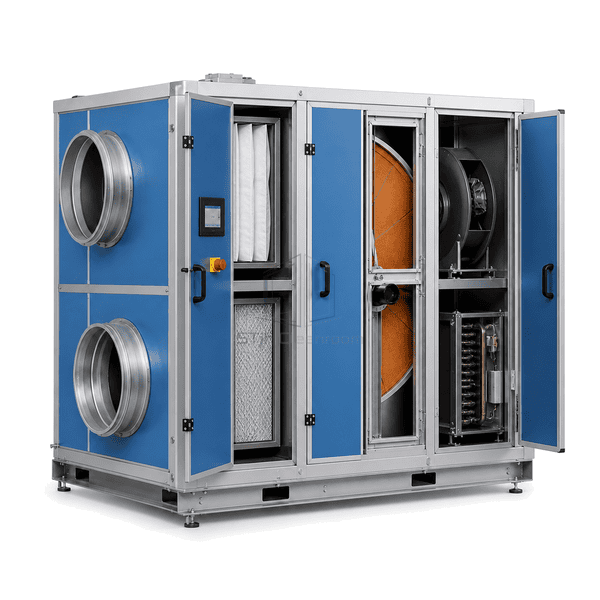 Open-panel view showing filters rotor fans and heater inside the desiccant dehumidifier