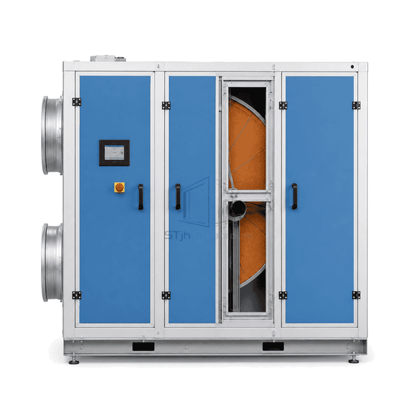 Front view of the industrial rotary desiccant dehumidifier air connections